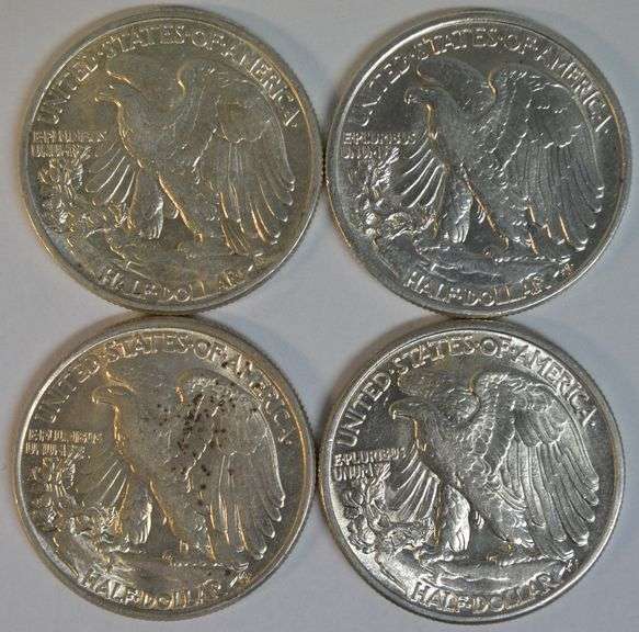 4 Lovely different BU Walking Liberty Half Dollars 1942 to 1945