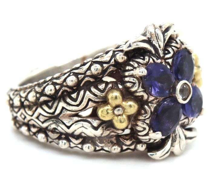 Barbara Bixby gold and sterling silver white topaz and lolite flower ring