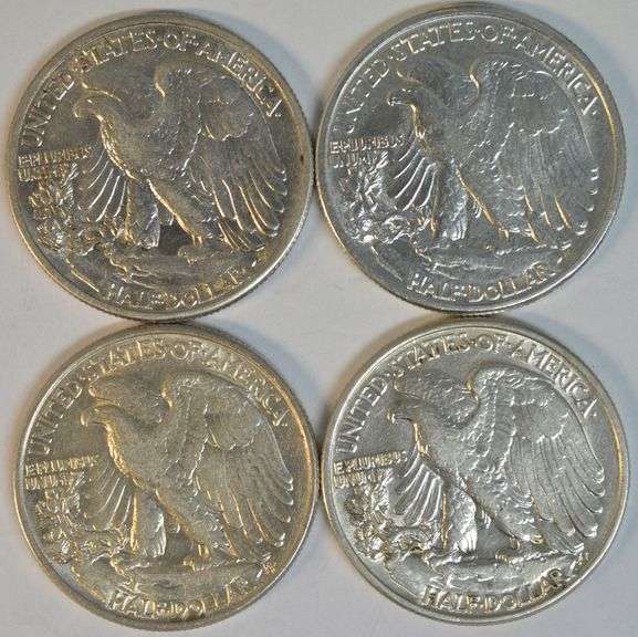 4 Assorted 'P' Mint Walking Liberty Half Dollars in slider/BU