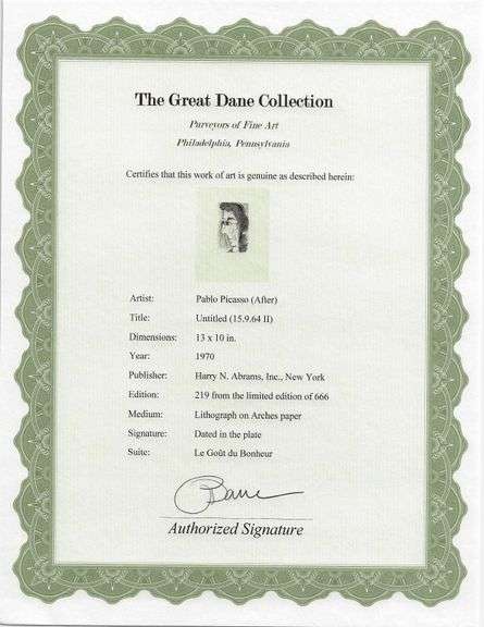 Exclusive Limited Edition Pablo Picasso Lithograph "Le Gout du Bonheur", 1970