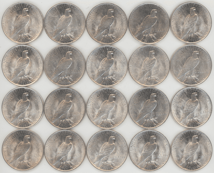 Choice BU Roll of 20 blazing Peace Silver Dollars” 10 1922 & 10 1923