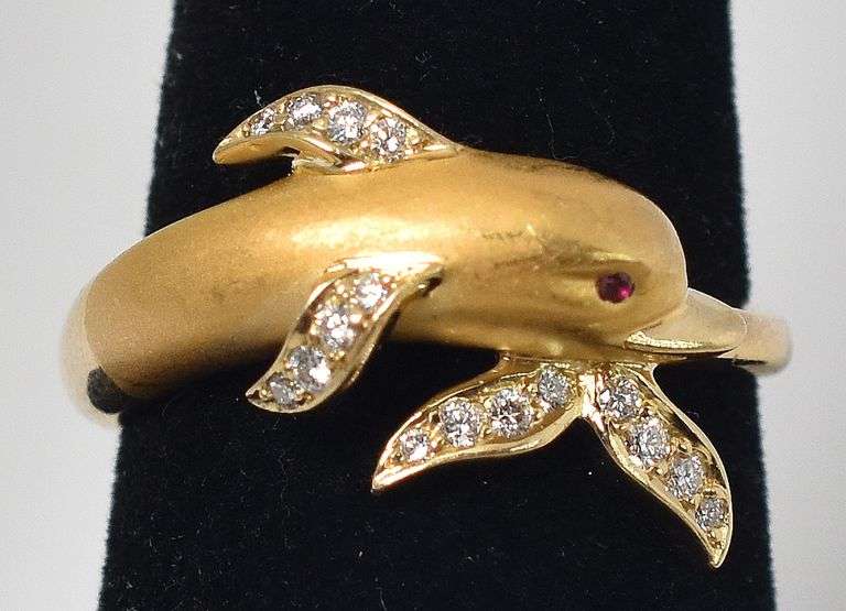 Majestic 18K Yellow Gold Dolphin Ruby Gemstone Ring with Diamond Accents