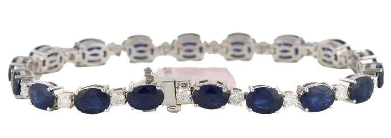 New 16.52ctw Oval Sapphire and 1.55ctw Diamond Tennis Bracelet in 14K