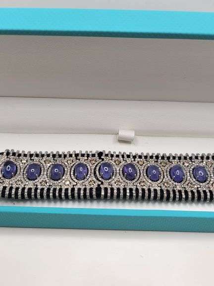 New! +10 ctw all natural iolite and diamond  weaved on fabric bracelet