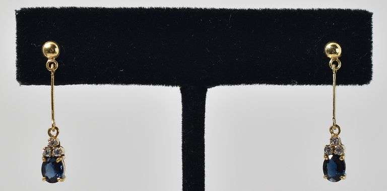 Creative 14K Yellow Gold Approx. 0.80CTW Blue Sapphire Gemstone Dangle Earrings with Diamond Accents