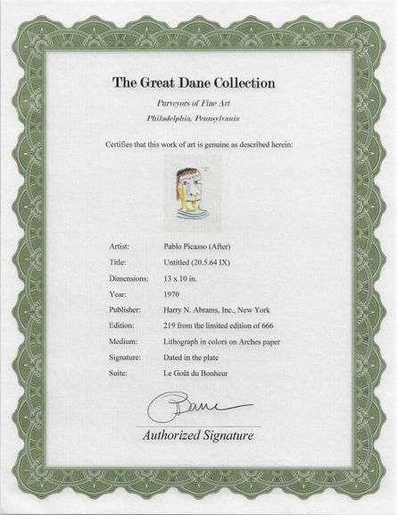 Exclusive Limited Edition Pablo Picasso Lithograph "Le Gout du Bonheur", 1970