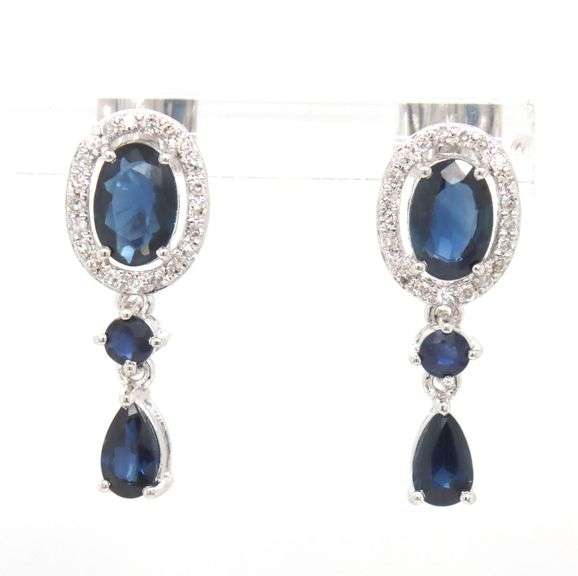 14kt White gold sapphire and diamond halo dangle earrings