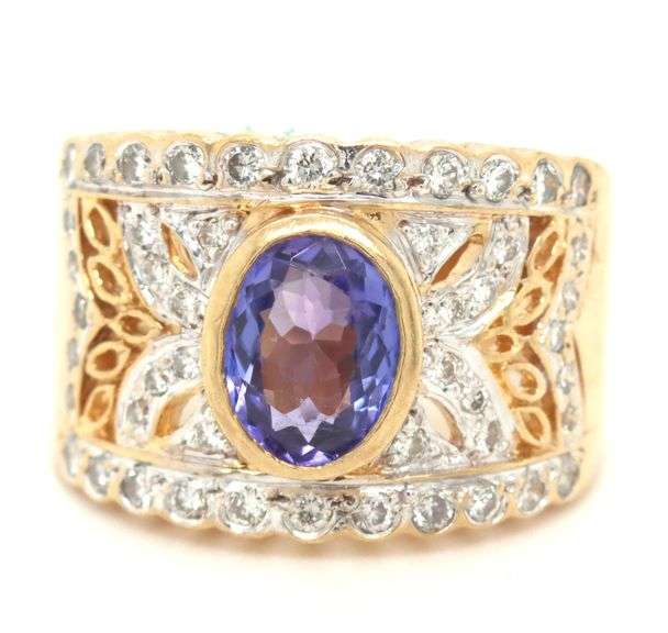 18kt Yellow gold Levian 1.21ct bezel set tanzanite and diamond open work wide ring