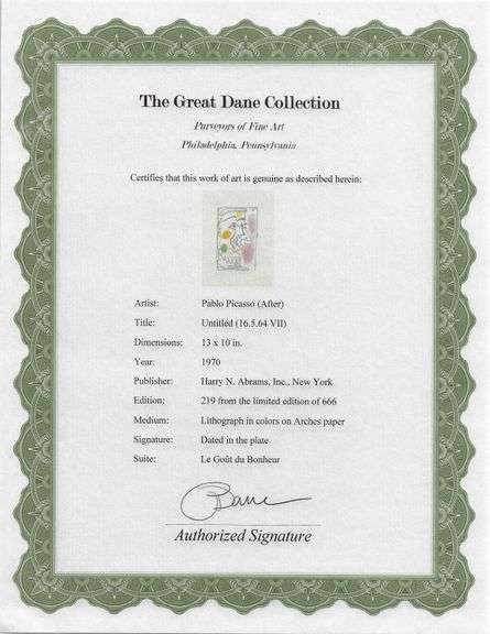 Exclusive Limited Edition Pablo Picasso Lithograph "Le Gout du Bonheur", 1970