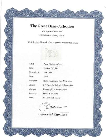 Exclusive Limited Edition Pablo Picasso Lithograph "Le Gout du Bonheur", 1970