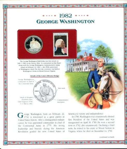 1982 George Washington Proof Silver Half Dollar & Stamp in Display