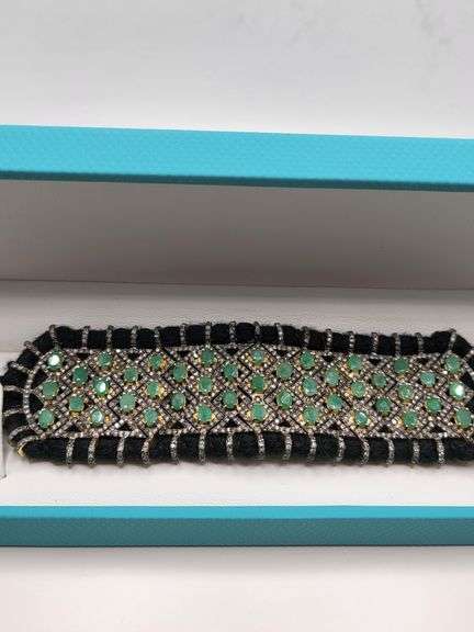 New! +10 ctw all natural emerald and diamond  weaved on fabric bracelet