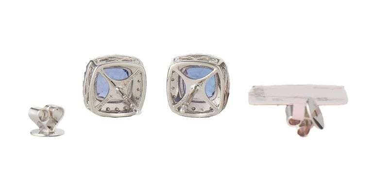New 1.09ctw Cushion Tanzanite and 0.32ctw Diamond Frame Stud Earrings in 14K