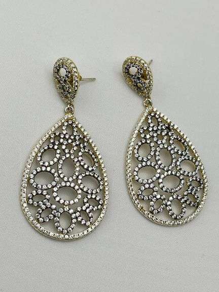 925 Sterling Silver Tear Drop Two Tone Openwork Crystal Pave earrings