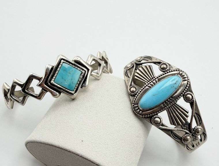 925 Sterling Silver Two Native American Navajo Turquoise Cuff Bracelets