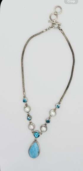 925 Vintage Sterling Silver Larimar, Blue Topaz And Pearl Necklace