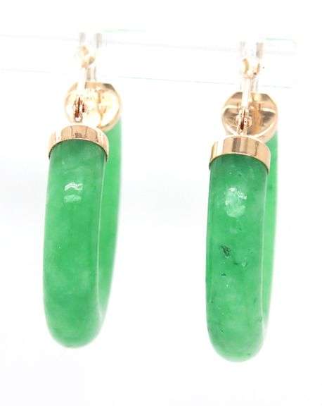 14kt Yellow gold green Jade hoop earrings