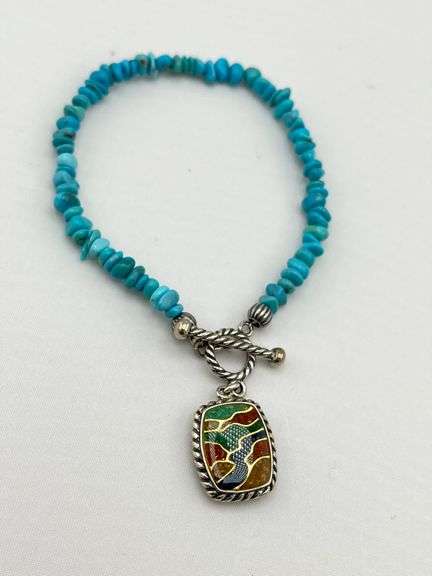 925 Sterling Silver Carolyn Pollack Turquoise beads with Double Side Charm