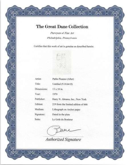 Exclusive Limited Edition Pablo Picasso Lithograph "Le Gout du Bonheur", 1970