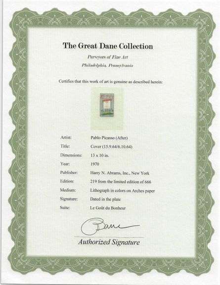 Exclusive Limited Edition Pablo Picasso Lithograph "Le Gout du Bonheur", 1970