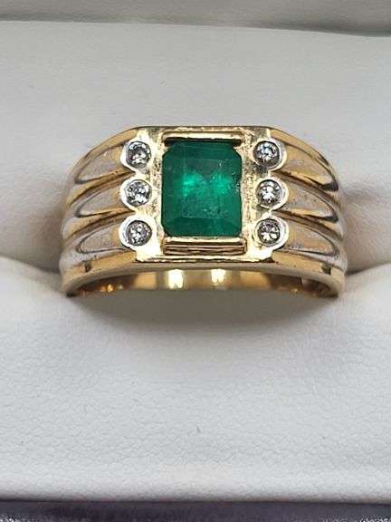Gents 18KT Yellow Gold Emerald and Diamond Ring
