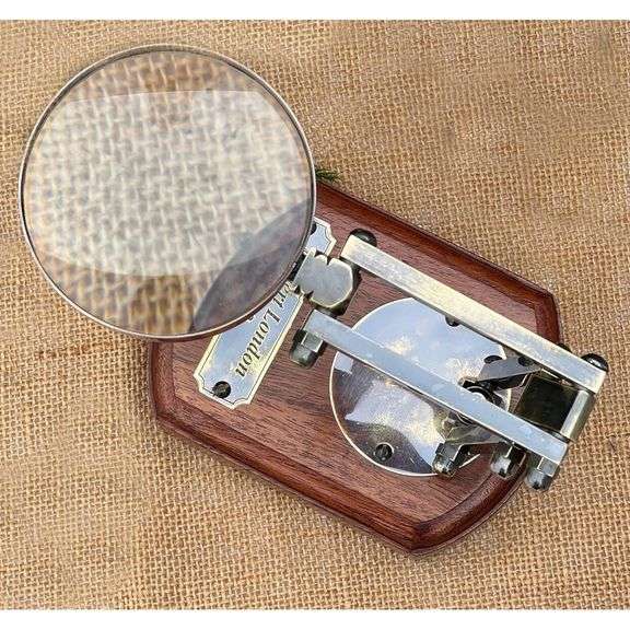 Brass Victorian Magnifying Glass on Wooden Base