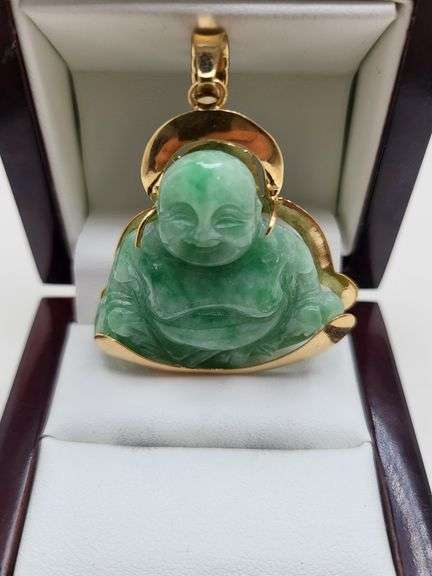 Antique 14KT Yellow Gold Hand Carved Jade Buddha Pendant