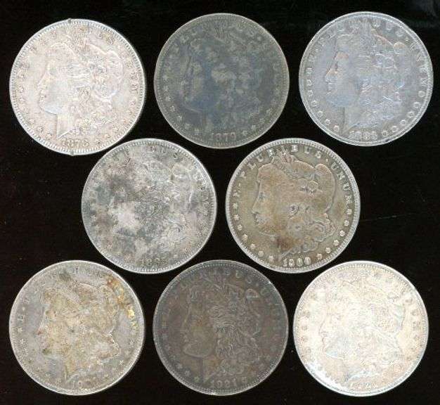 Run of 8 different Morgan Silver Dollars 1878-P to 1921-S