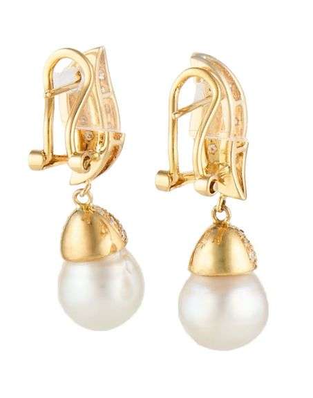 1.00ctw Pave Diamond and Cultured Pearl Drop Earrings in 18K