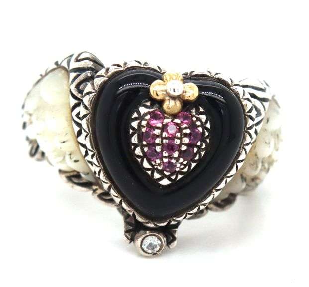 Barbara Bixby black onyx heart and Rhodelite and MOP wings ring