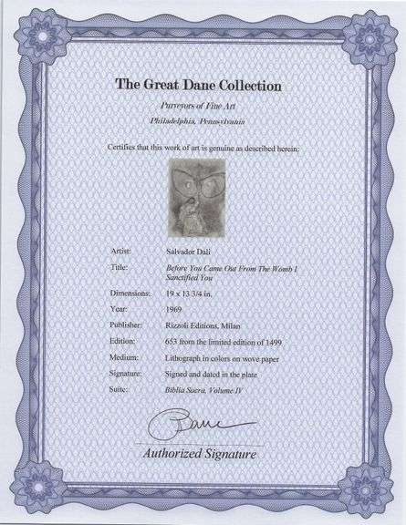 Highly Collectible and Rare Salvador Dali Original Lithograph from the 'Biblia Sacra' Suite