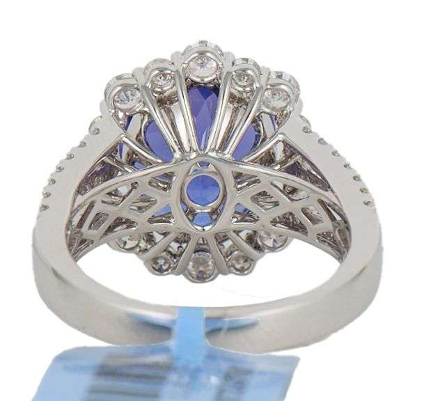 New 4.50ct Oval Tanzanite and 1.45ctw Diamond Frame Triple Shank Ring in 14K