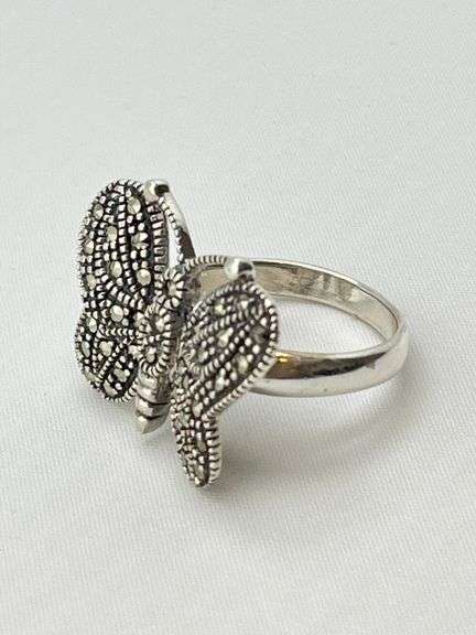 925 Sterling Silver Vintage Marcasite Crystal Butterfly Ring