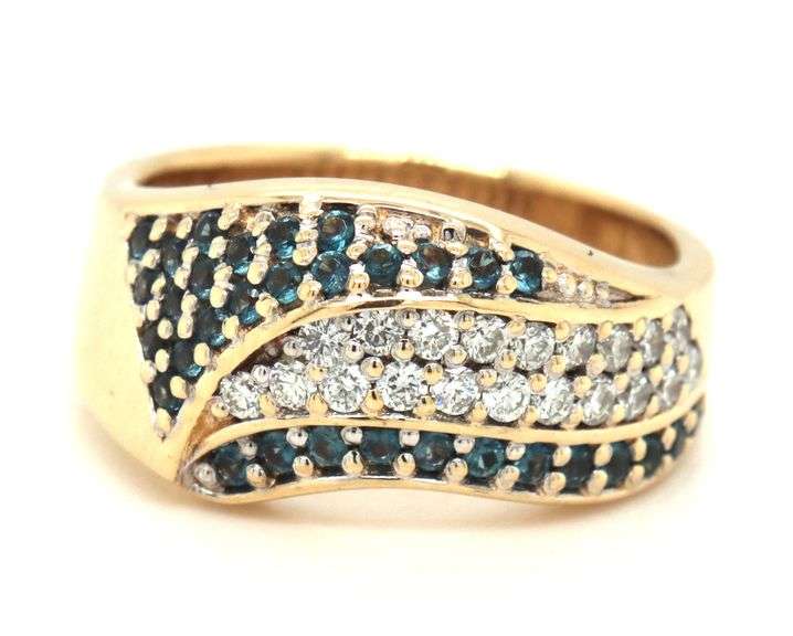 14kt Yellow gold diamond pave and blue sapphire woven ring
