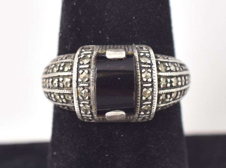 Black Onyx and Marcasite Gemstone Ring in Sterling Silver