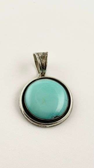 925 Sterling Silver Signed Bernyse Chaves Navajo Turquoise Round Pendant