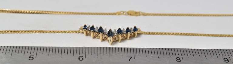 Admired 14K Yellow Gold Blue Sapphire and Diamond Pendant Necklace