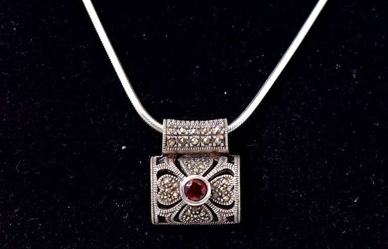 Red Garnet and Marcasite Gemstone Pendant Necklace