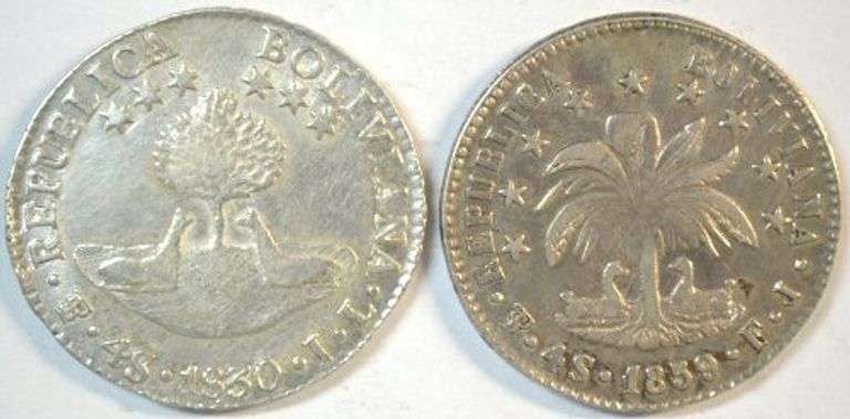 2 Scarce Near Mint Bolivia 4 Soles Silver pieces, 1830 & 1859