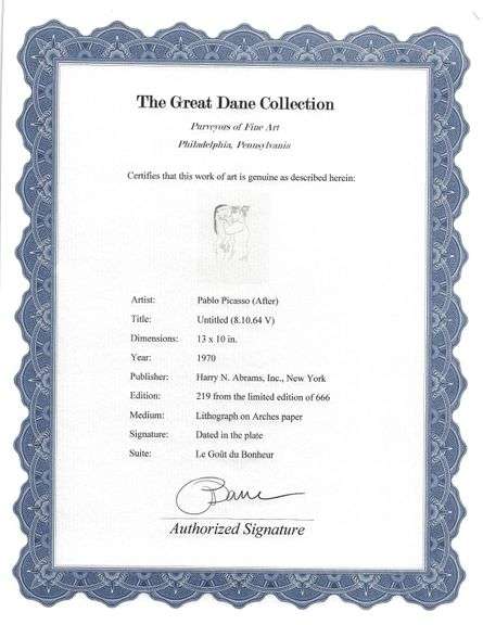 Exclusive Limited Edition Pablo Picasso Lithograph "Le Gout du Bonheur", 1970