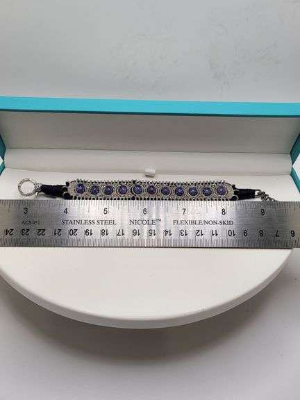 New! +10 ctw all natural iolite and diamond  weaved on fabric bracelet