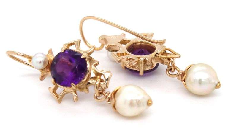 14kt Yellow gold amethyst and pearl dangle earrings
