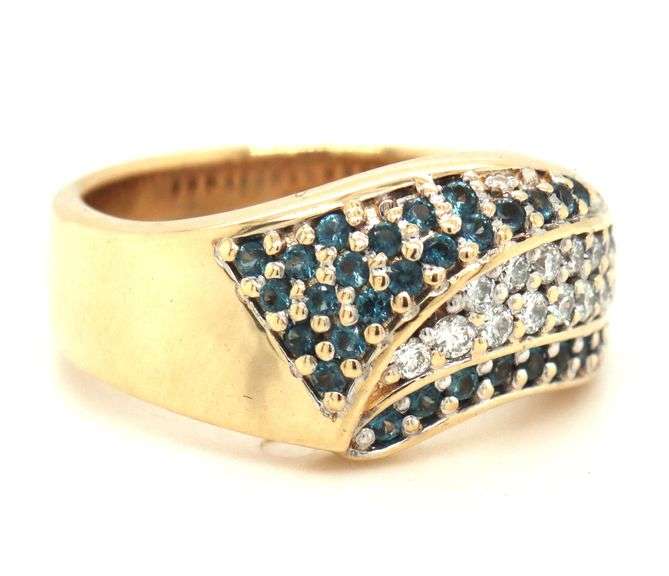 14kt Yellow gold diamond pave and blue sapphire woven ring