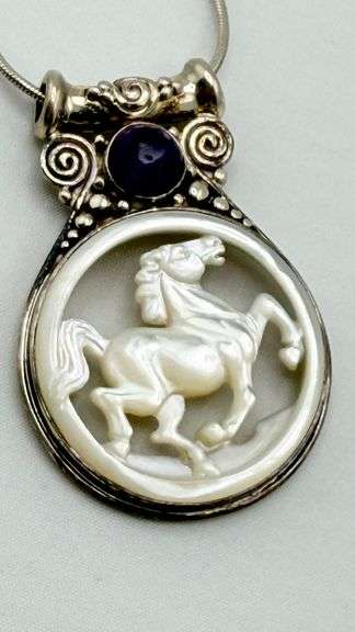 925 Sterling Silver Sajen Mother Of Pearl carved Horse Pendant With Chain