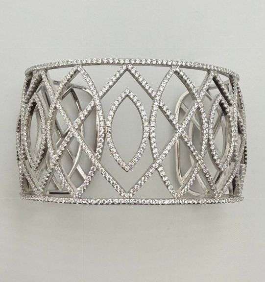 925 Sterling Silver Rhinestone Oval And Rhombus Design Wide Cuff Bracelet