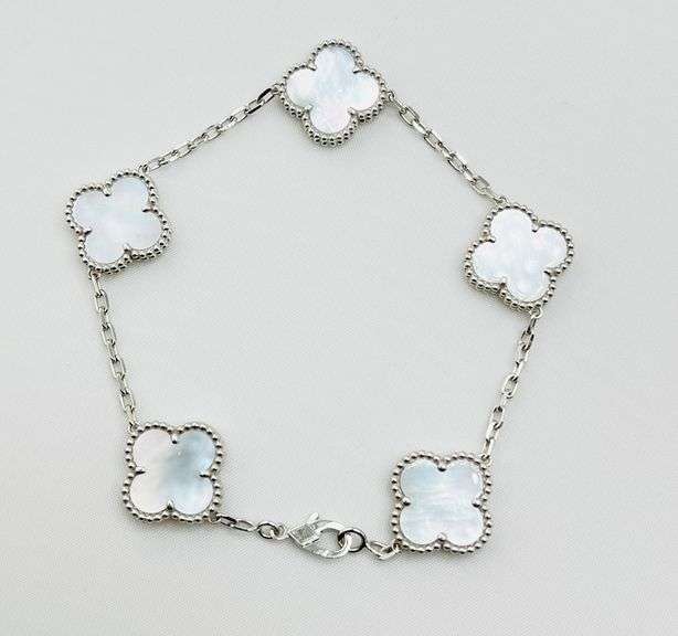 18KT White Gold Handcrafted Five Clover White Mother Of Pearl Bracelet