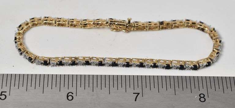 Brilliant 14K Yellow Gold Blue Sapphire Gemstone and Diamond Tennis Bracelet
