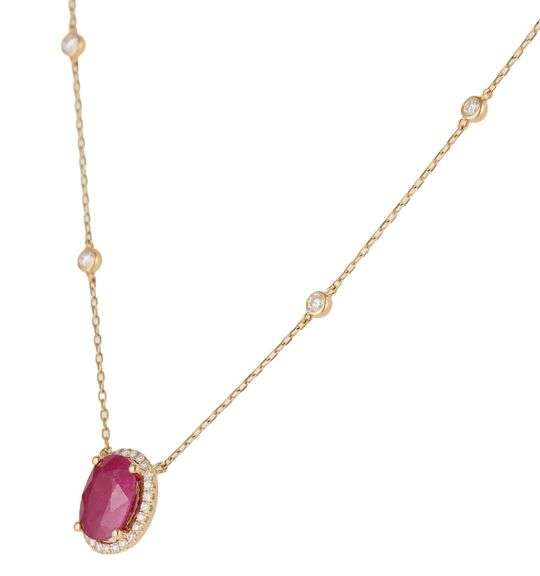 New 3.34ct Oval Ruby and 0.58ctw Diamond Frame Pendant Necklace in 14K