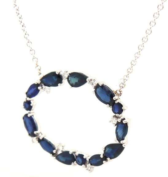 14kt White gold blue sapphire and diamond oval Garland pendant on chain