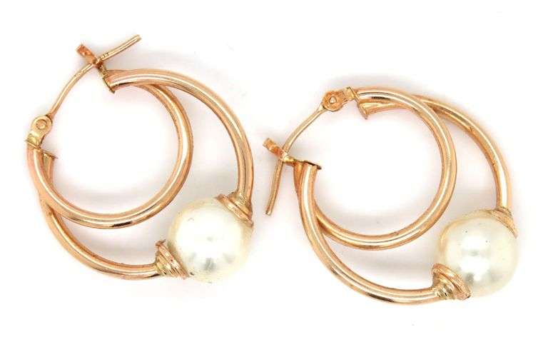 14kt Yellow gold white fresh water pearl double hoop earrings